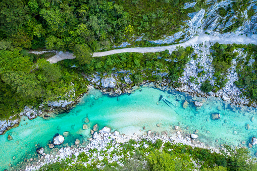Soca River in Slovenia. Beautiful Aerial of turquoise Mountain River.