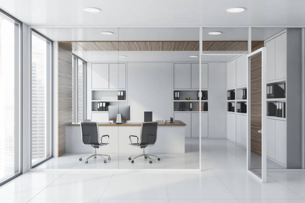 istock Hall with white and wood manager office 1171264169