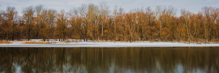 Deciduous Forest, Water and Ice on the River Bank. Winter Season, February. Web Banner. Natural Background.