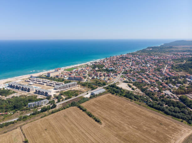 Aerial photo of the beautiful small town and seaside resort of known as Obzor in Bulgaria taken with a drone on a bright sunny day showing the hotels and fields of the holiday resort stock photo