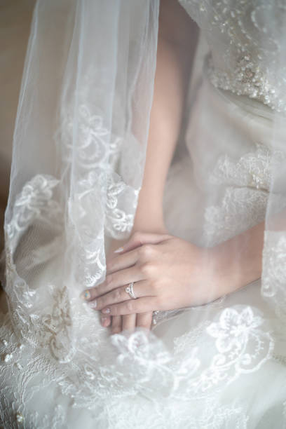 istock Bride dressed in white wedding gown and hand with wedding rings 1171270948