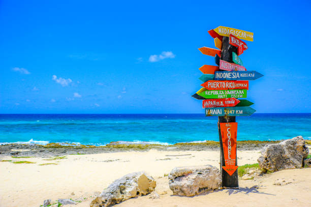Sign countries on beach with Caribbean Sea Signal countries on beach with Caribbean Sea in Cozumel Mexico cozumel photos stock pictures, royalty-free photos & images
