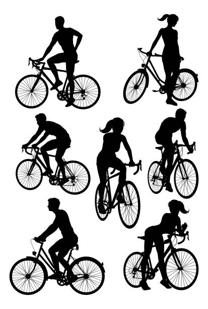 ilustrações de stock, clip art, desenhos animados e ícones de bicycle riding bike cyclists silhouettes set - cycling teenager action sport