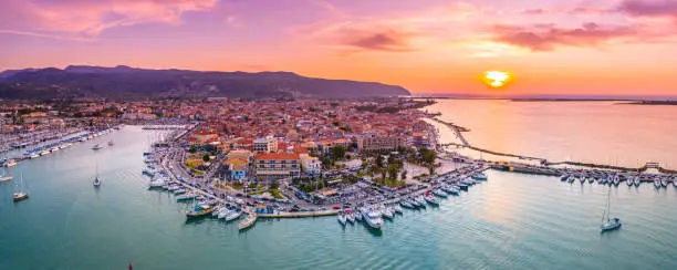 Lefkas (Lefkada) town, amazing view at the small marina for the fishing boats with the nice wooden bridge and promenade, Ionian island, Greece