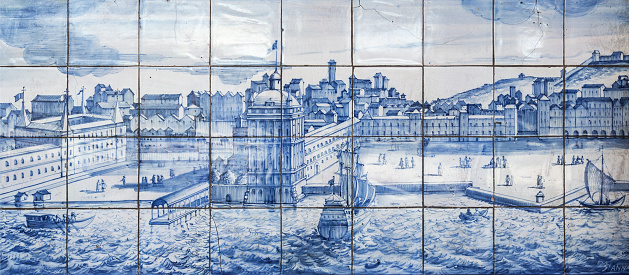 Small blue and white tiles panel depicting the “Terreiro do Paco” and the old city before the 1755 earthquake in Alecrim Street, Lisbon, Portugal