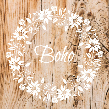 Boho Frame Background with White Flower Wreath Stencil On Shabby Wood Wall. Shabby Wooden Background. Grunge Texture, Painted Surface. Coastal Background.