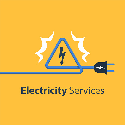 Electricity wires and high voltage sign, repair and maintenance services, vector illustration