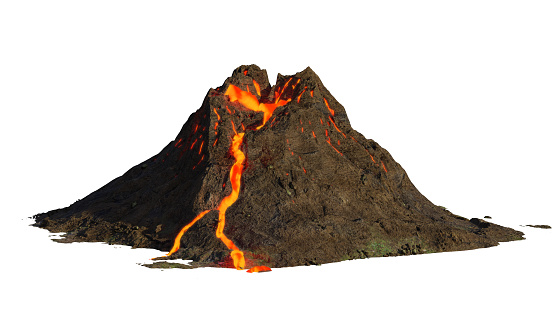 erupción del volcán, lava bajando por una montaña, aislada sobre fondo blanco (ilustración científica 3d) photo