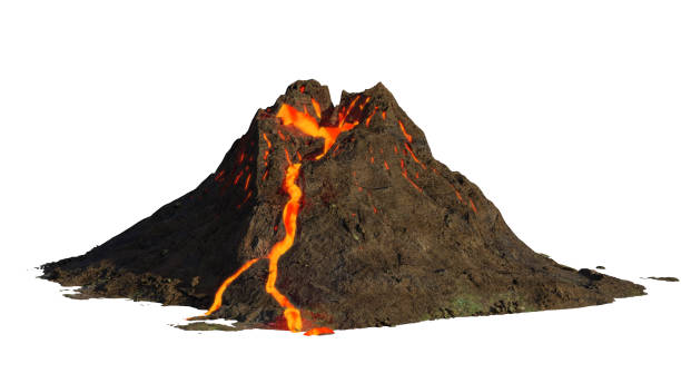 erupción del volcán, lava bajando por una montaña, aislada sobre fondo blanco (ilustración científica 3d) - volcán fotografías e imágenes de stock