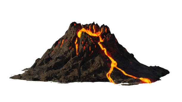 volcano eruption, lava coming down a mountain, isolated on white background=