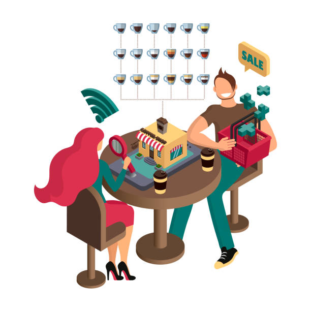 ilustraciones, imágenes clip art, dibujos animados e iconos de stock de una pareja enamorada en la mesa hace una elección en el menú virtual de la cafetería en línea. ilustración vectorial isométrica 3d para sitios web, páginas web, aplicaciones web - isometric people cafe coffee shop