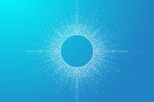 Expansion of life. Blue explosion background with connected line and dots, wave flow. Visualization Quantum technology. Abstract graphic background explosion, motion burst, vector illustration