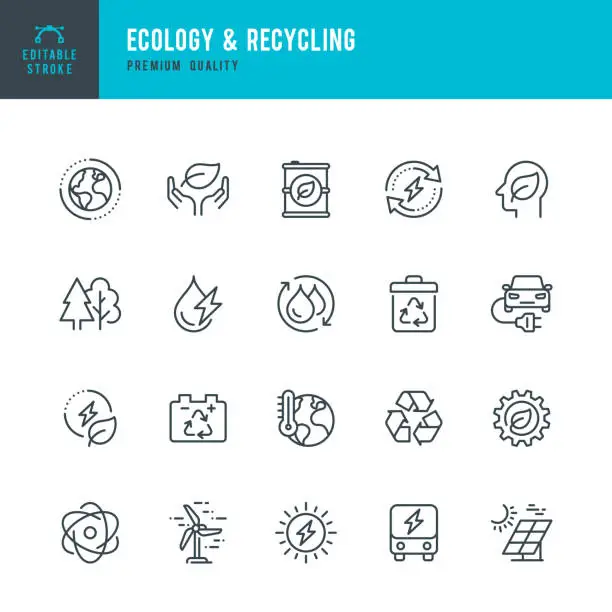 Vector illustration of ECOLOGY & RECYCLING - set of line vector icons. Editable stroke. Pixel Perfect. Set contains such icons as Climate Change, Alternative Energy, Recycling, Green Technology.