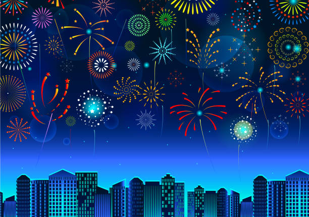 illustrations, cliparts, dessins animés et icônes de ensemble de feux d'artifice feux d'artifice feux d'artifice festif s'étend sur le paysage urbain, à la nuit bleu ciel scène de vacances ou de célébration. - sky city urban scene blue