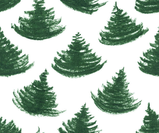 istock Hand drawn by oil pencil Christmas Tree isolated on white paper background - abstract seamless illustration in vector with uneven unfinished messy bent horizontally arranged lines 1171299953