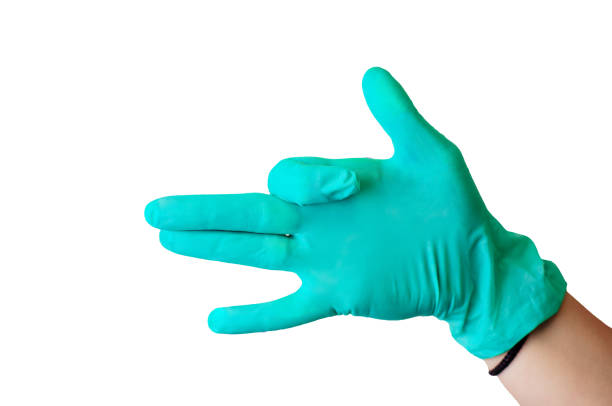 istock Female hand in blue latex glove makes a gesture resembling a dog with open mouth isolate. Medical health concept. 1171301607