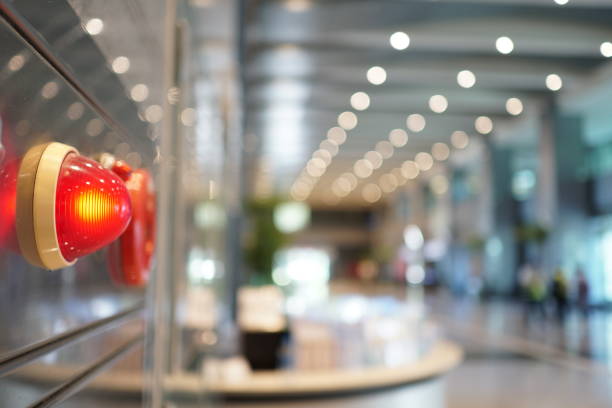 Alarm bells and warning lights for avoiding fire. In public areas.
