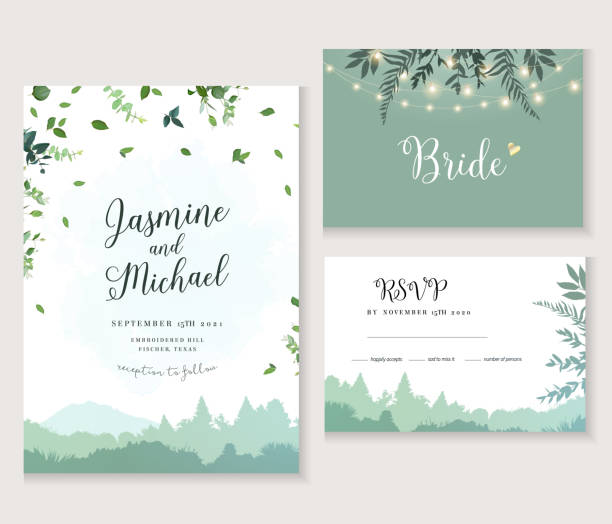 Landscape and greenery vector design invitation Landscape and greenery vector design invitation. Forest and mountains rural scenery. Herbal minimalist wedding travel rustic frame. Watercolor style.Natural card.All elements are isolated and editable tree borders stock illustrations