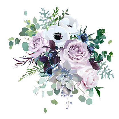 Dusty violet lavender, mauve antique rose, purple pale flowers,brunia, white anemone, succulent vector design wedding bouquet. Eucalyptus, greenery.Floral pastel watercolor style.Isolated and editable