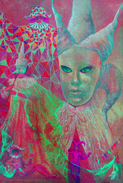 ●ファッショナブルなイラストシュールレアリズムの人々現代美術作品は、キャンバスレストとエンターテイメントカーニバルに私のオリジナル油絵を描いたヴェネツィア印象派の垂直肖像� - jester harlequin venice carnival mask点のイラスト素材／クリップアート素材／マンガ素材／アイコン素材