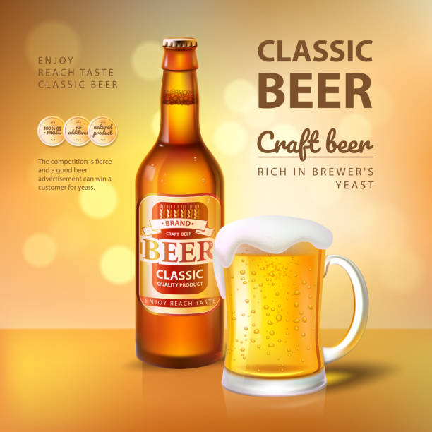 Craft Beer in Bottle and Mug with Foam Poster Craft beer in bottle and glass mug with foam promo poster. Alcohol drink or beverage made of organic hop and barley realistic 3D vector illustration. beer brands stock illustrations