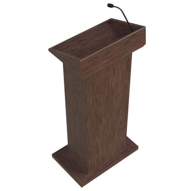 istock Wooden podium with a microphone 1171308752