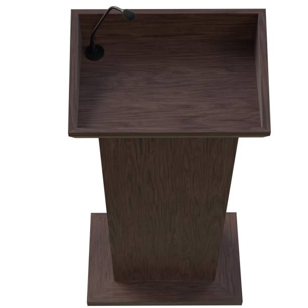 istock Wooden podium with a microphone 1171308754