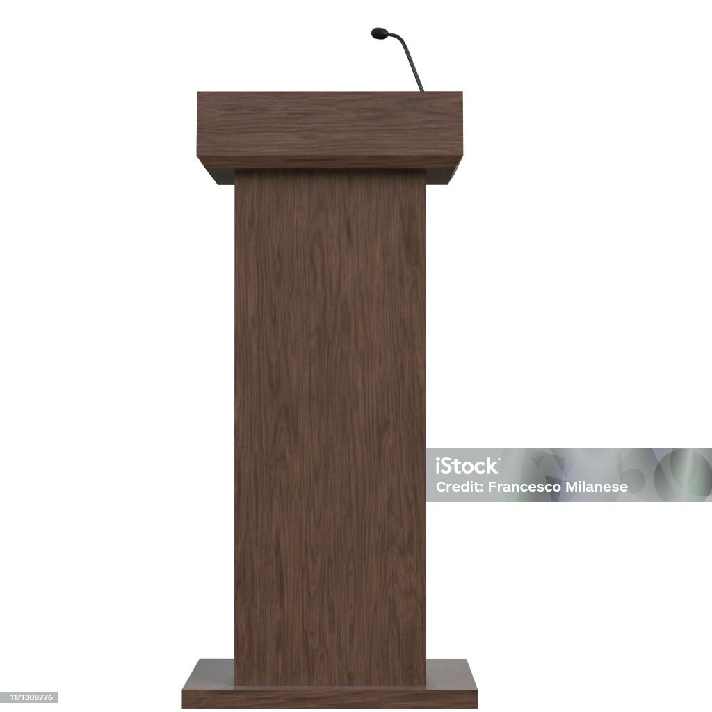 Wooden podium with a microphone 3D rendering illustration of a wooden podium with a microphone Lectern Stock Photo