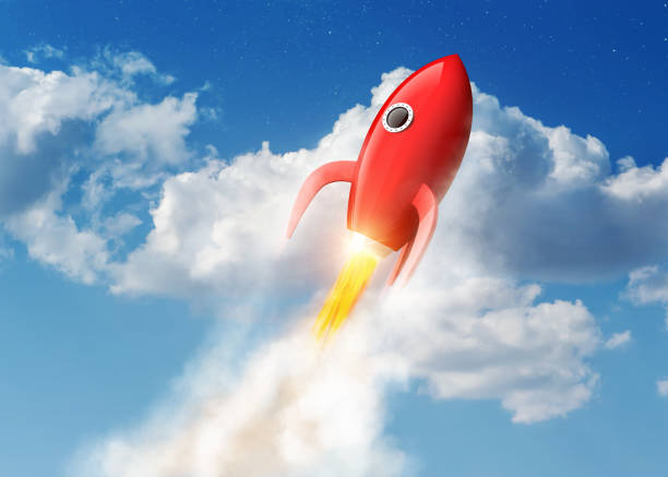 istock 3D rendering of cartoon funny red rocket launching in the clouds 1171310138