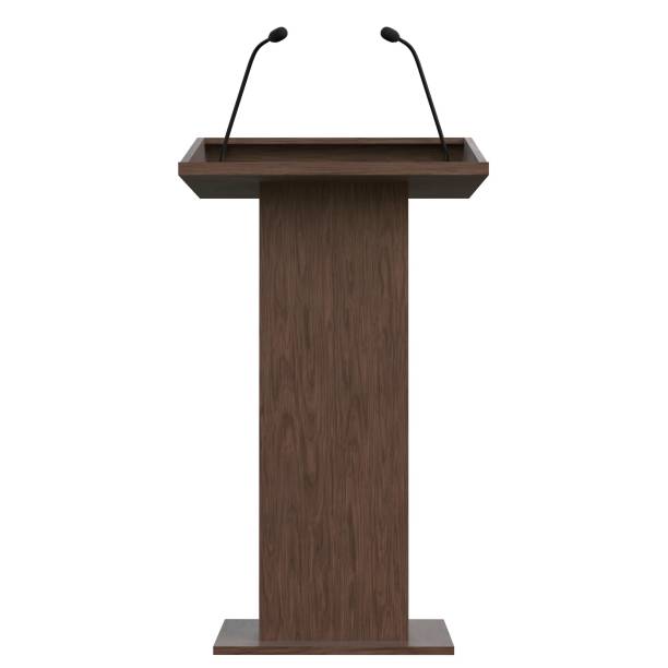 istock Wooden podium with two microphones 1171310143