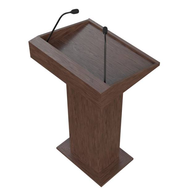 istock Wooden podium with two microphones 1171310169
