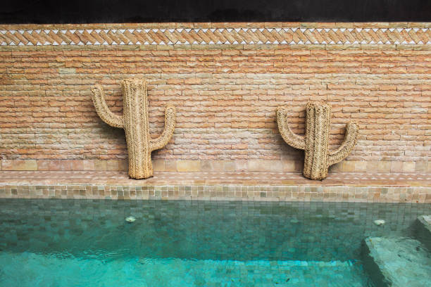 Turquoise moroccan swimming pool. Straw cactus decor near the brick wall.