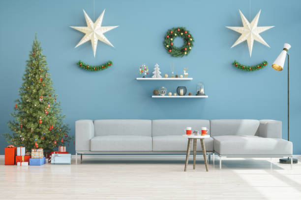 istock Christmas tree with Sofa in Living room on Blue Wall 1171312310