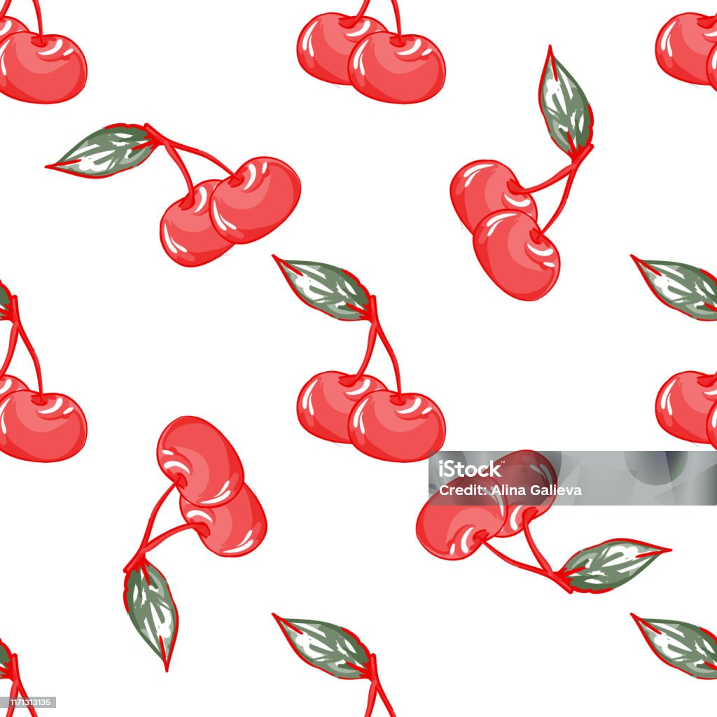 Cherry Pattern On White Background With Leaves Stock Illustration cherry-pattern-on-white-background-with-leaves-stock-illustration