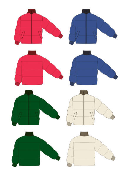 слоеные куртки технические эскизы набор. вид спереди и сзади. coorful куртки - puffed sleeve stock illustrations