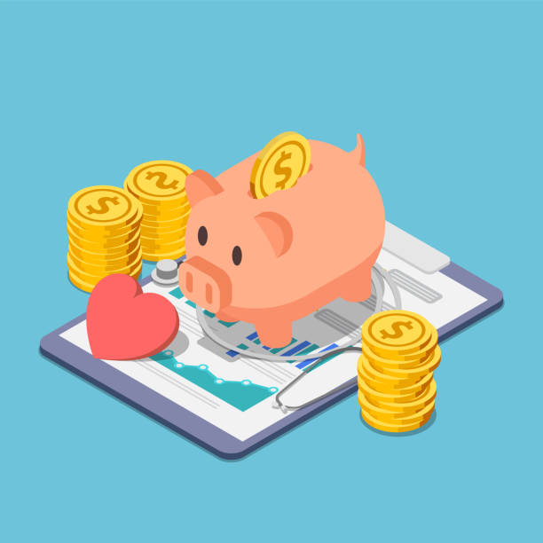 Isometric piggy bank and stethoscope with piles of coins Flat 3d isometric piggy bank and stethoscope with piles of coins. Financial health and health insurance concept. piggy bank finance currency savings stock illustrations