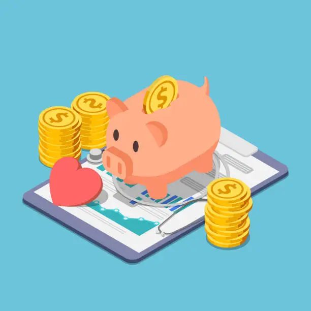 Vector illustration of Isometric piggy bank and stethoscope with piles of coins