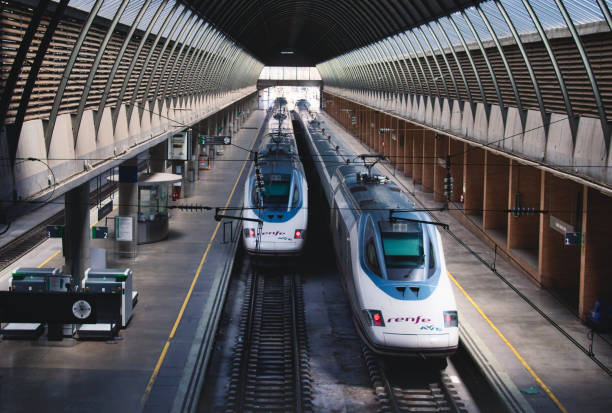 Seville / Spain - August 22 2019: High-speed RENFE AVE trains at the platforms at Santa Justa train station