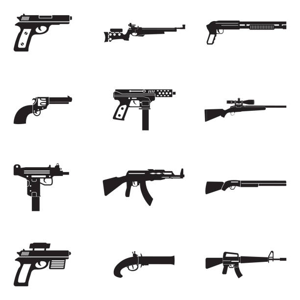 Firearms Icons. Black Flat Design. Vector Illustration. Gun, Pistol, Machine, War gun violence stock illustrations