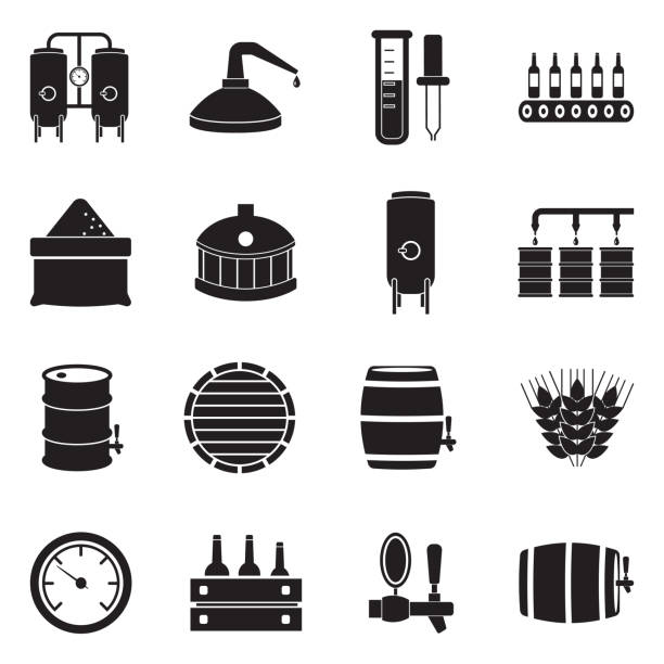 ilustraciones, imágenes clip art, dibujos animados e iconos de stock de iconos de la elaboración y la destilación. diseño plano negro. ilustración vectorial. - whisky barrel distillery hard liquor