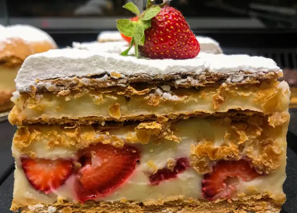 Fresh millefeuille with strawberry, waiting for the gourmets to taste them.