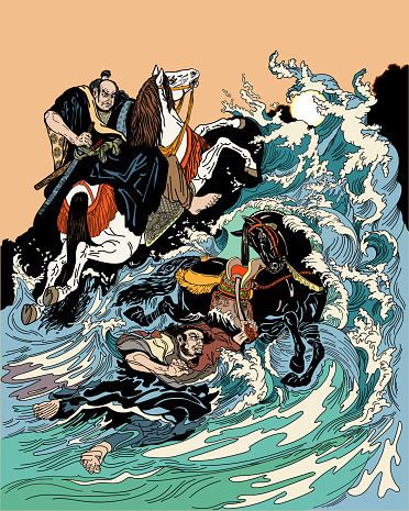 Two samurai horsemen crossing a stormy sea. One warrior with a black horse swimming in water, another man rider on land riding white horse. Graphic style vector illustration