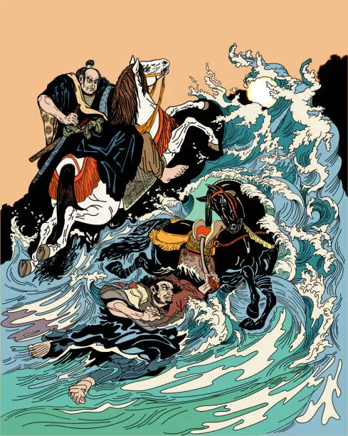 Vector illustration of two samurai crossing a stormy sea