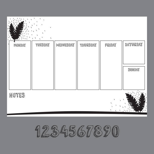 ilustrações de stock, clip art, desenhos animados e ícones de weekly planner blank template. sunday, monday, tuesday, wednesday, thursday, friday, saturday words for diary, bullet journal, notebook. template with jungle leaves on white background. - 0 3 months