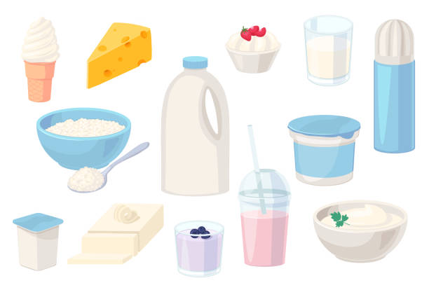 bildbanksillustrationer, clip art samt tecknat material och ikoner med mjölk och mejeriprodukter. tecknad vektor illustration isolerad på vit - glass jar