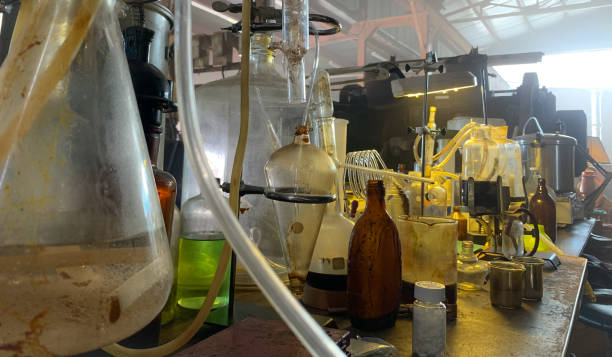 Clandestine Methamphetamine Lab View inside of a clandestine methamphetamine lab. beaker photos stock pictures, royalty-free photos & images