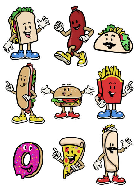 satzvektor der nahrungszeichensammlung - wearing hot dog costume stock-grafiken, -clipart, -cartoons und -symbole
