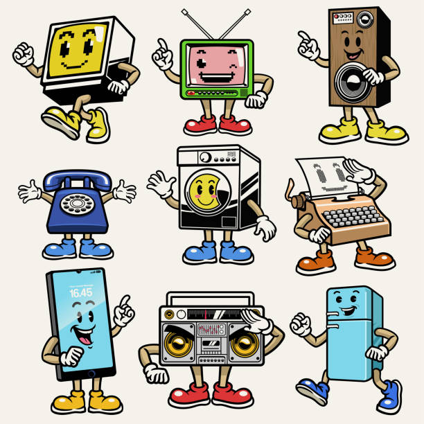 ilustrações de stock, clip art, desenhos animados e ícones de set of gadget and electronic character mascot - electric typewriter