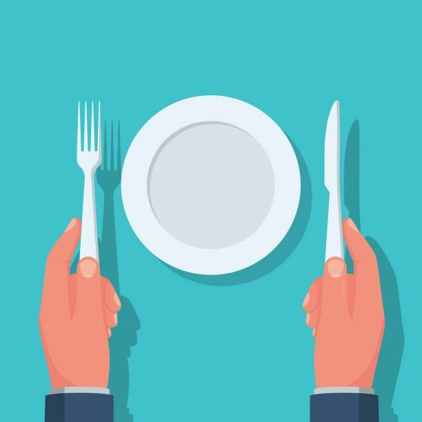 ręce ze sztućcami i białym pustym talerzem. ustawienie miejsca na kolację. - fork place setting silverware plate stock illustrations