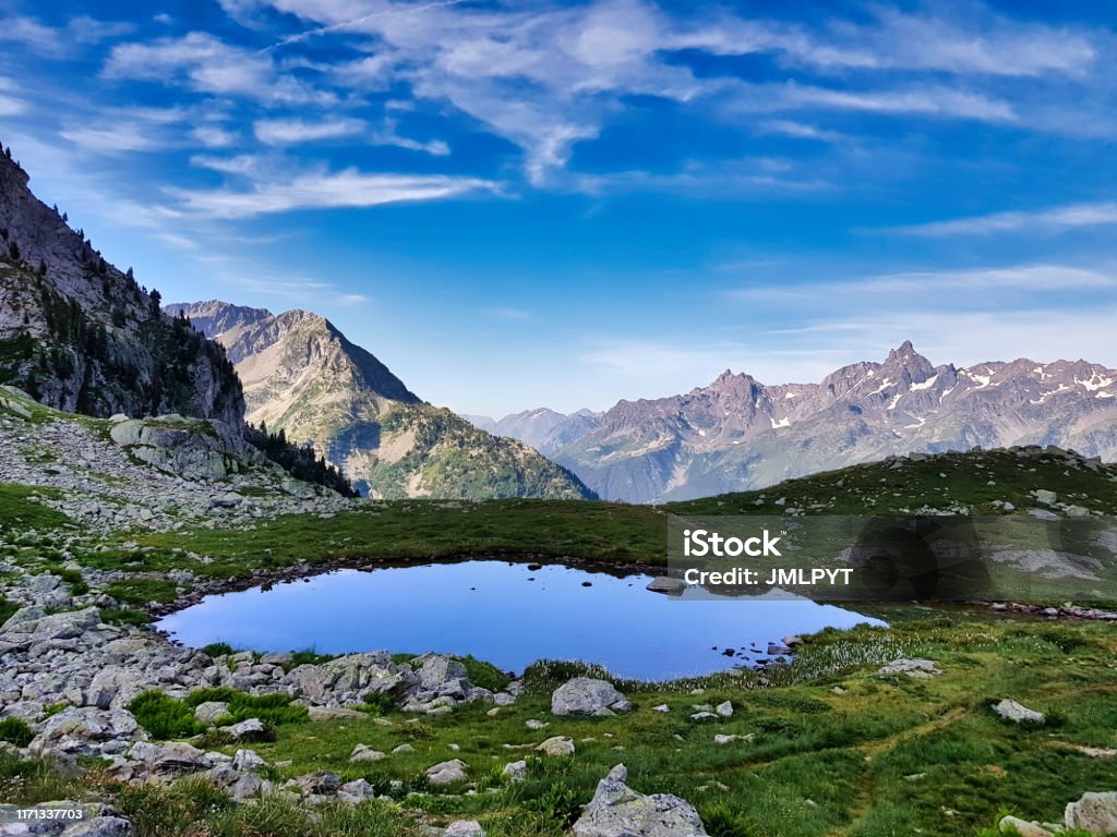 Small lake in front of the "Grand pic de Belledonne" Small natural lake scoff at the higher point of the Belledonne mountains. Awe Stock Photo